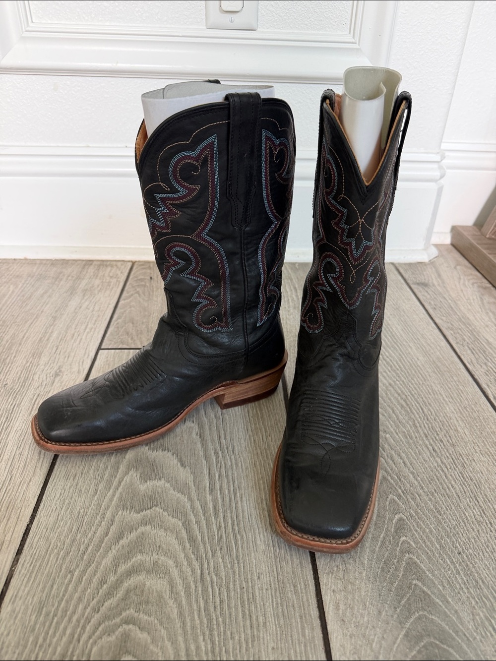 Tecovas Black Leather Cowboy Boots with Brown Sole and Multicolor Stitching